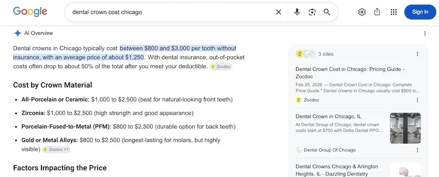 ai overview result for dental crown cost chicago query