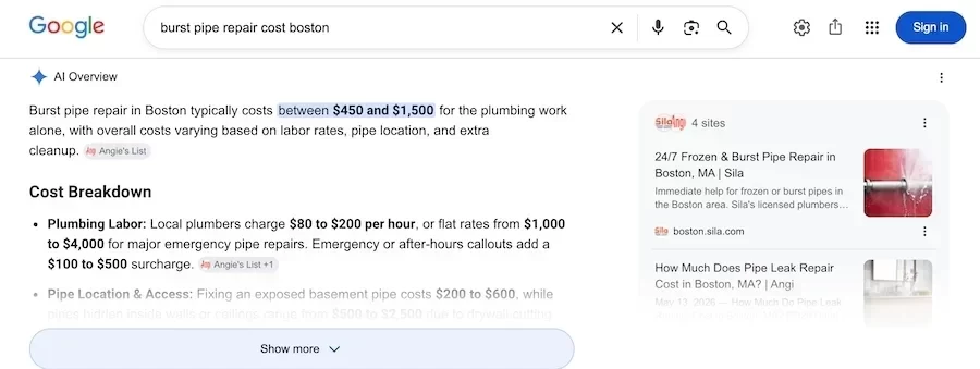 google search results for burst pipe repair cost boston query