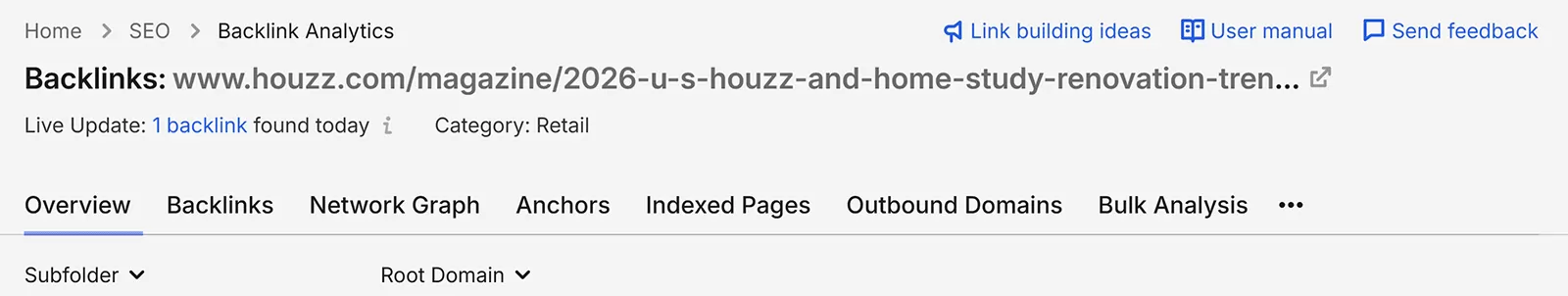 Semrush Backlink Analytics showing 81 referring domains and 183 backlinks to a Houzz renovation trends article