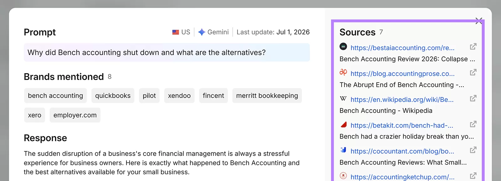 Gemini response about Bench Accounting’s shutdown and alternatives, with seven cited sources listed
