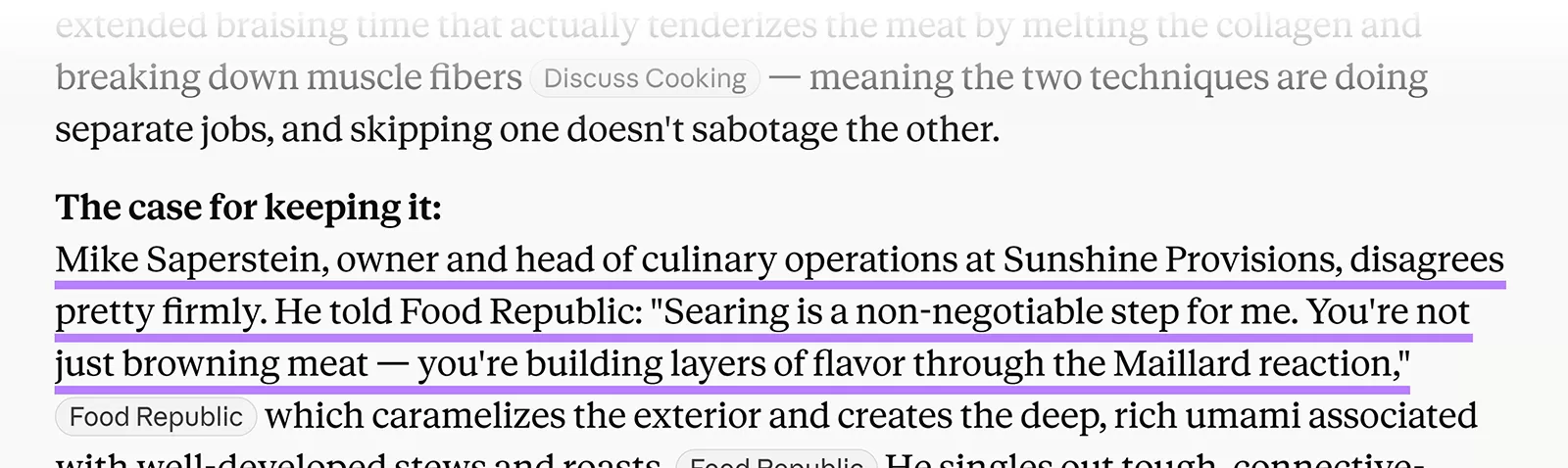Claude response quoting a culinary expert on why searing meat before slow cooking improves flavour