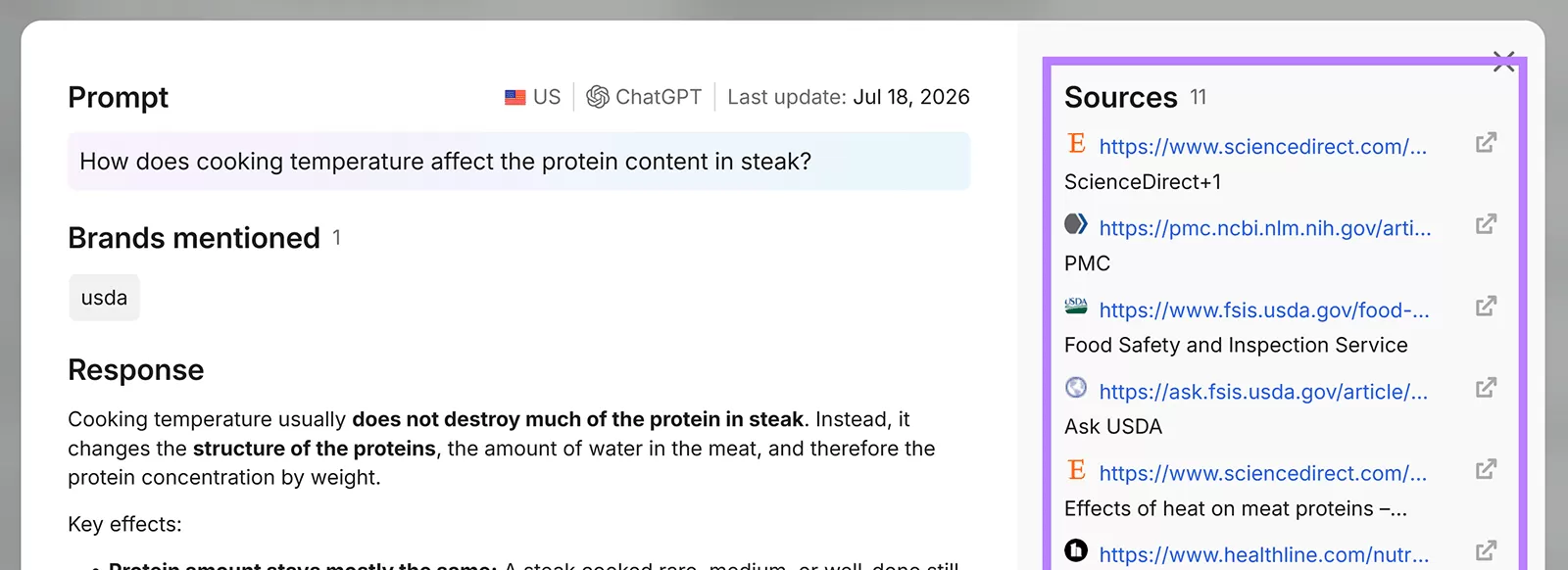 ChatGPT response on how cooking temperature affects steak protein, with 11 scientific and government sources