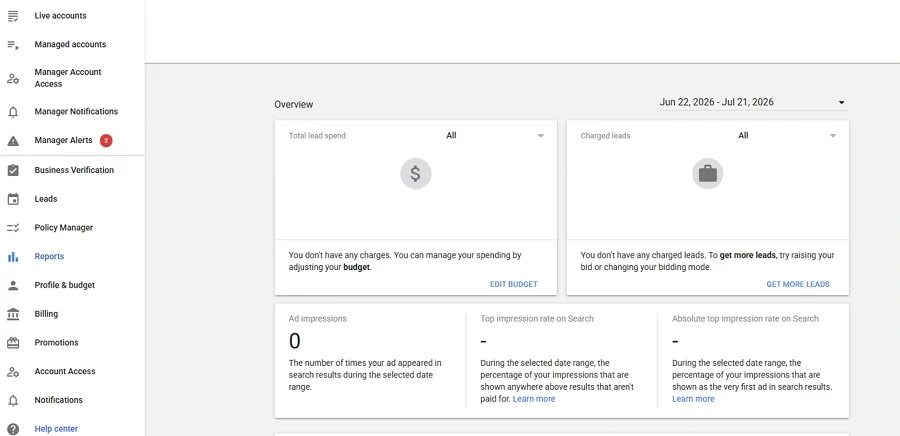 google ads lsa pmax update - local services ads dashboard screenshot